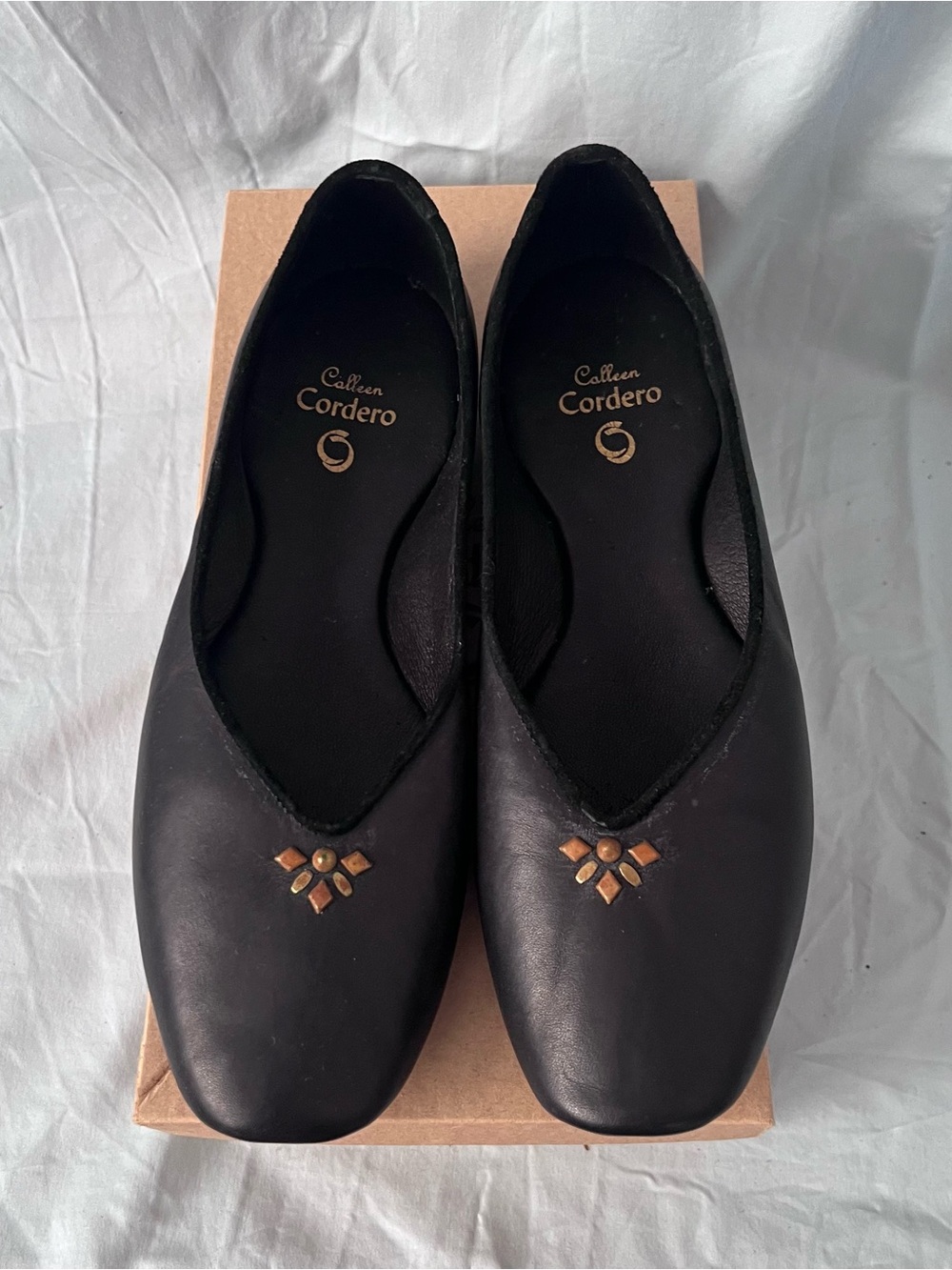 Colleen Cordero Prima- Black Leather Slip-On Ballet Flats with Gold Accent